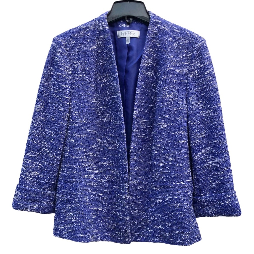 Kasper Blue Marled Tweed Collarless Open Front Business Casual Blazer Jacket 12